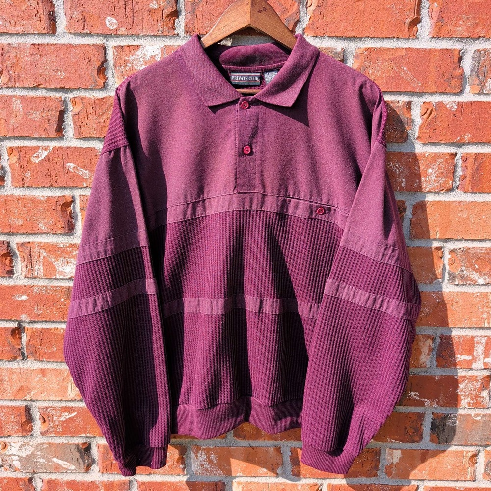 Private Club Polo Sweatshirt Mens 2X Burgundy Ribbed 90s Mixed Media Long Sleeve